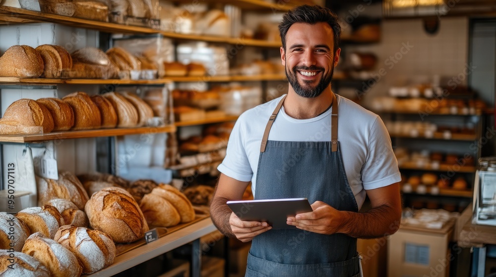 Man in Apron Holding Tablet in Warm Bakery Man in Apron Holding Tablet in Warm Bakery