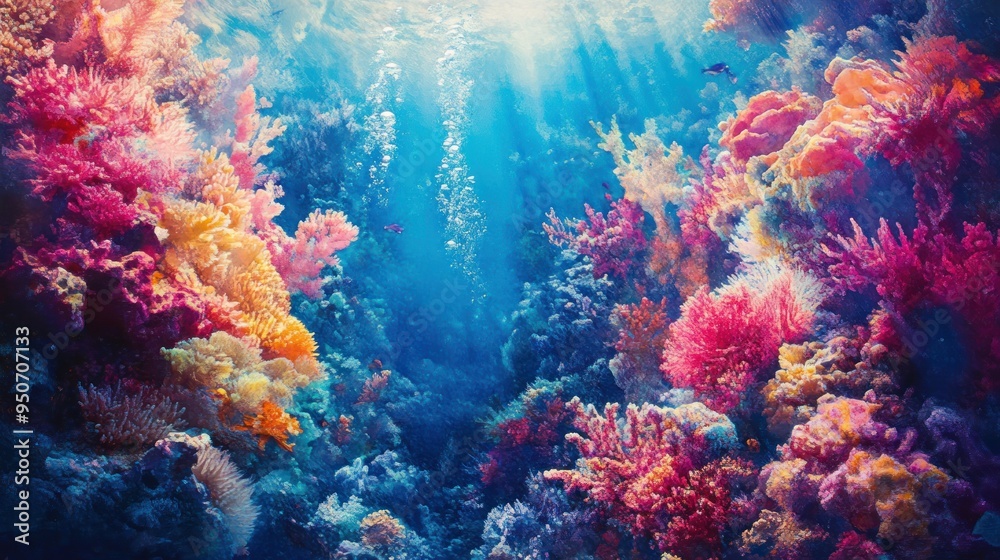 A Vibrant Underwater Scene with Coral Reefs and Sunbeams A Vibrant Underwater Scene with Coral Reefs and Sunbeams