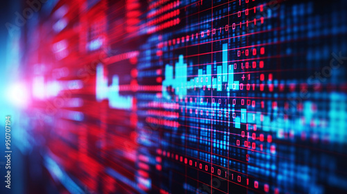 Wallpaper Mural Photorealistic digital news screen with scrolling political headlines and statistics in blue and red color scheme, high-tech and dynamic blue and red backdrop Torontodigital.ca