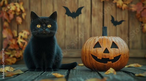 Black Cat and Jack-o'-Lantern on Wooden Background with Fall Leaves