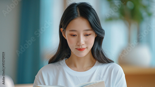 Free Download Lost in the Pages: A young woman with long black hair is engrossed in a book, her expression serene and focused. The image captures the tranquility and joy of reading, suggesting a moment of escape an - GFXLoad