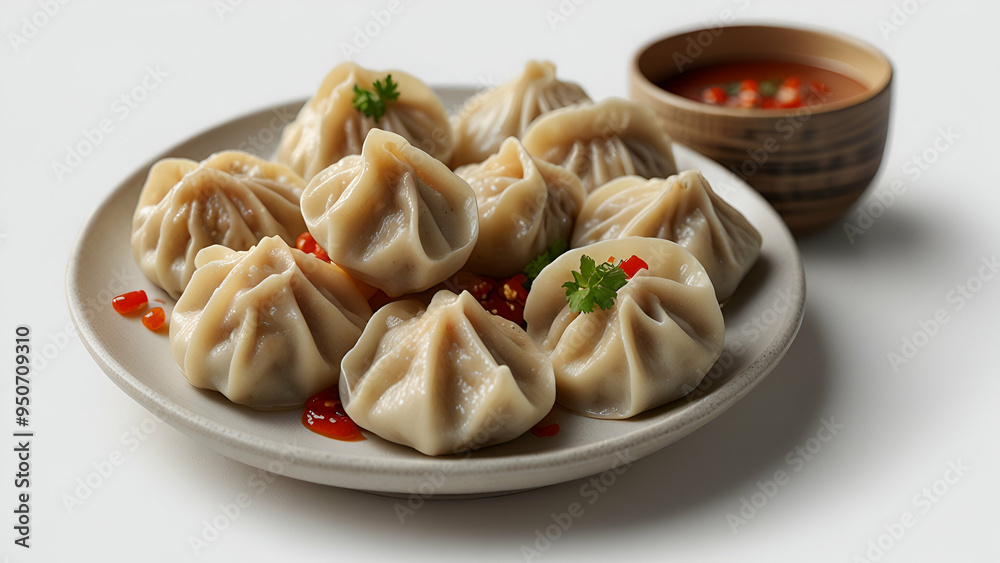 PNG of Chinese dumplings on a plate, set against a white background. PNG of Chinese dumplings on a plate, set against a white background.