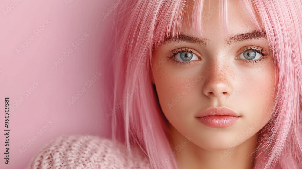 Teenage girl with pink hair posing against a pink background Teenage girl with pink hair posing against a pink background