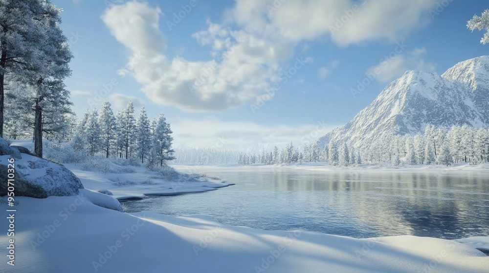 Snowy landscape with a frozen lake. Snowy landscape with a frozen lake.