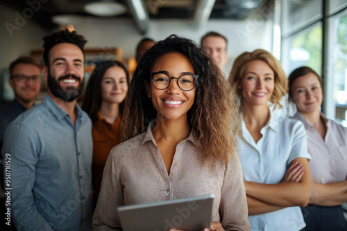 Close up of smiling coworkers sitting together 