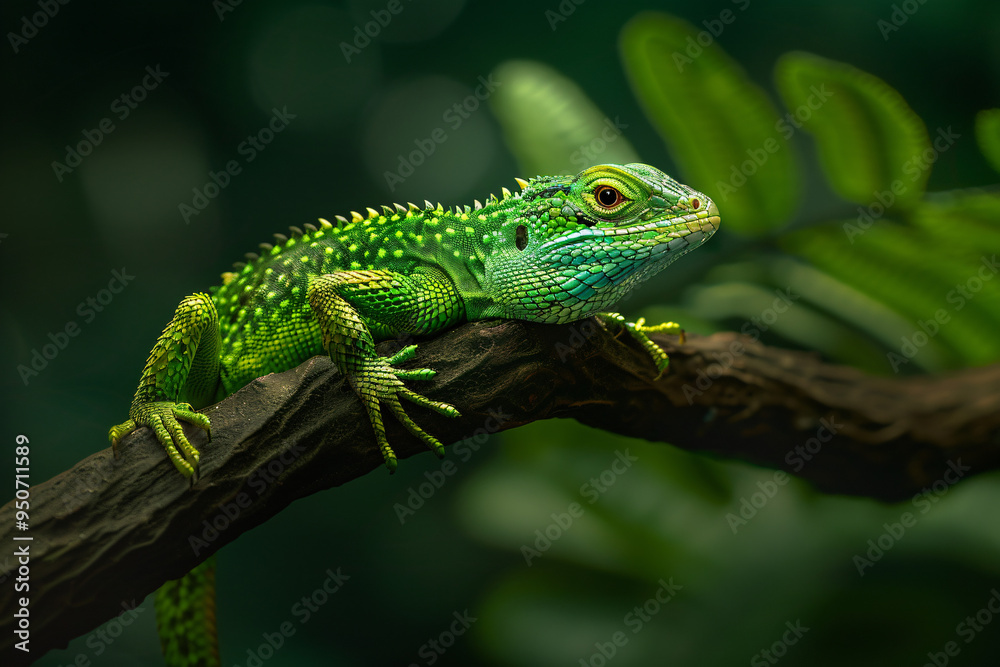 Green Iguana on Branch: A vibrant green iguana perches on a weathered branch, its emerald scales shimmering against a backdrop of lush foliage. The lizard's watchful gaze and intricate details capture Green Iguana on Branch: A vibrant green iguana perches on a weathered branch, its emerald scales shimmering against a backdrop of lush foliage. The lizard's watchful gaze and intricate details capture
