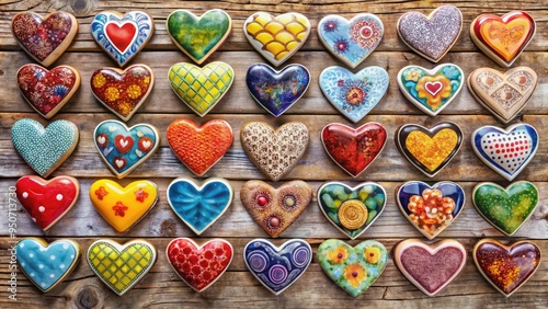 Vibrant heart-shaped ceramic tiles in various sizes and colors, arranged artfully on a distressed wooden background, evoke a sense of playful romantic whimsy.