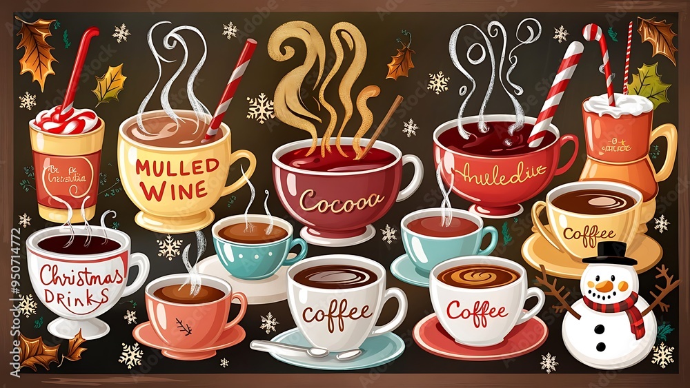 Large collection Tea Time. Set of different cups of warming autumn and Christmas drinks. Hot chocolate, mulled wine, cocoa, coffee, tea. Sketch on the chalkboard Large collection Tea Time. Set of different cups of warming autumn and Christmas drinks. Hot chocolate, mulled wine, cocoa, coffee, tea. Sketch on the chalkboard
