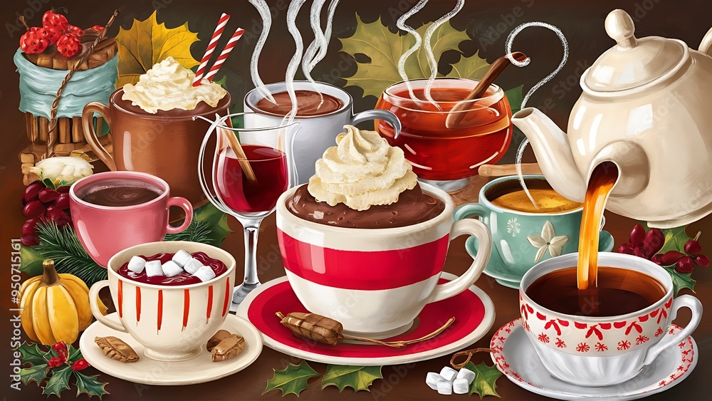 Large collection Tea Time. Set of different cups of warming autumn and Christmas drinks. Hot chocolate, mulled wine, cocoa, coffee, tea. Sketch on the chalkboard Large collection Tea Time. Set of different cups of warming autumn and Christmas drinks. Hot chocolate, mulled wine, cocoa, coffee, tea. Sketch on the chalkboard