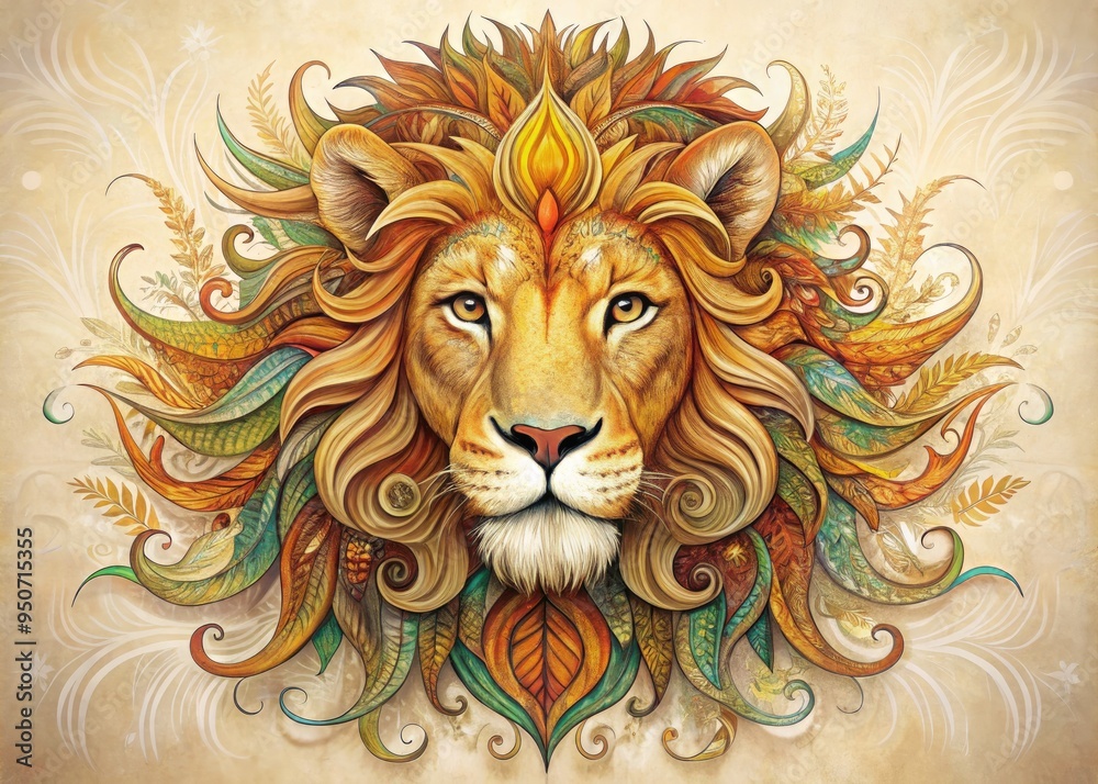 Obraz premium Vibrant illustration of a majestic lion's head, adorned with intricate swirling patterns and warm, textured fur, set against a soft, creamy white background.