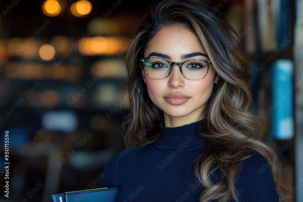 Confident Young Woman with Glasses in a Library Confident Young Woman with Glasses in a Library