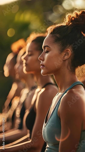 Group of people with closed eyes doing yoga exercise. Balance and meditation concept.