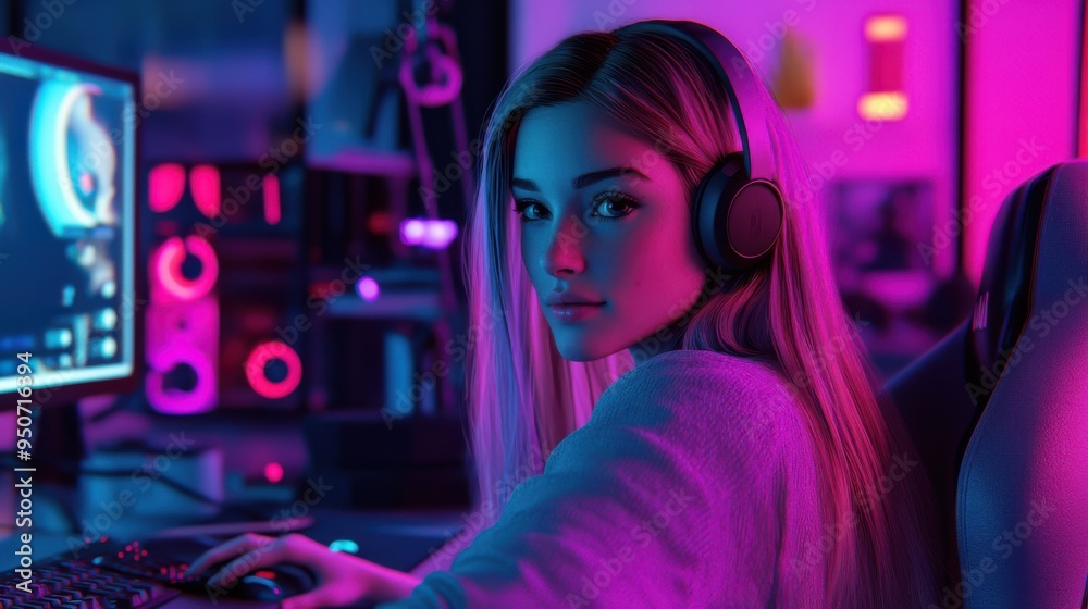 Young woman gaming with headphones in a neon-lit room, focused on a computer screen, surrounded by vibrant pink and blue lights Young woman gaming with headphones in a neon-lit room, focused on a computer screen, surrounded by vibrant pink and blue lights