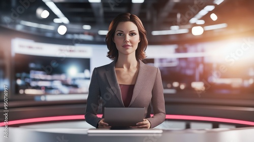 Professional female news anchor delivering the latest updates in a modern studio setting with bright lights photo