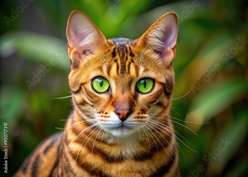 Vibrant orange and silver fur glistens on this domestic cat breed's muscular body, showcasing its striking resemblance to a wild ocelot, with piercing green eyes.