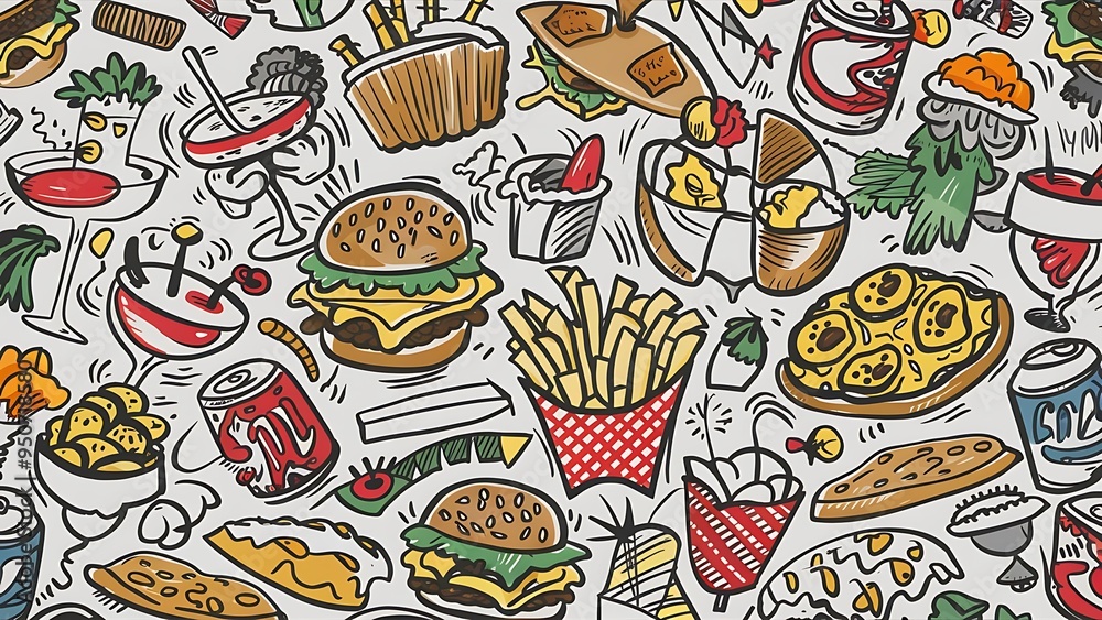 Obraz premium Set of food and drinks doodle on white background.