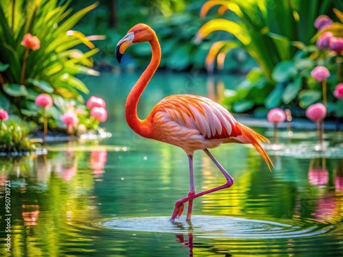 Vibrant pink flamingo stands elegantly on one leg amidst serene turquoise water, surrounded by lush greenery and delicate water lilies in a tranquil natural setting. photo