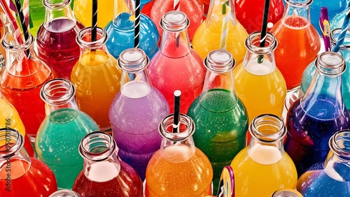 Colorful soda drinks, lemonades and soft drinks in bottles with reflection photo