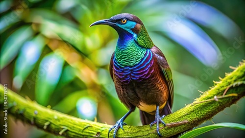 Vibrant plumage of the exotic Paradise Riflebird shines against lush green foliage, its iridescent blue throat patch glistening in the dappled light of an Australian rainforest. photo