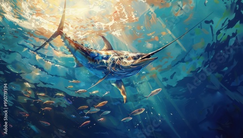 A blue marlin is swimming in the ocean, surrounded by fish and sunlight reflecting on its scales photo