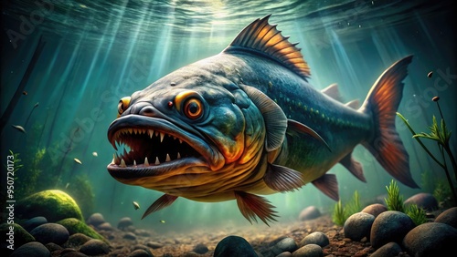 Vibrant saber-toothed fish, also known as the vampire fish, swims in the murky waters of the Amazon River, its menacing fangs and scales captivating in the dim light. photo