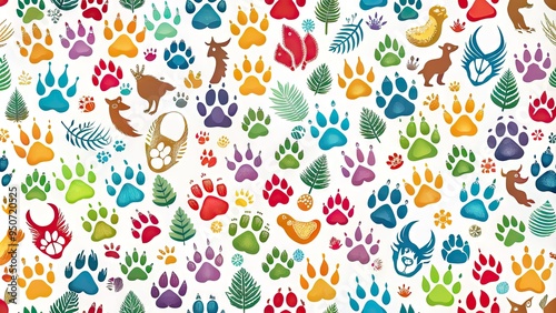 Vibrant, stylized vector illustration of various animal footprints, including bird, bear, wolf, and deer tracks, arranged in a decorative, repeating pattern on a white background.