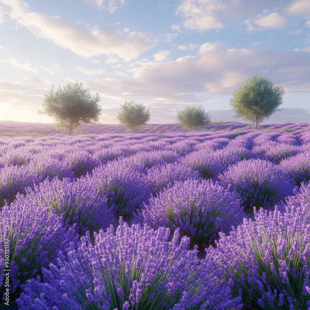 Obraz premium Sunset over a peaceful lavender field with golden light