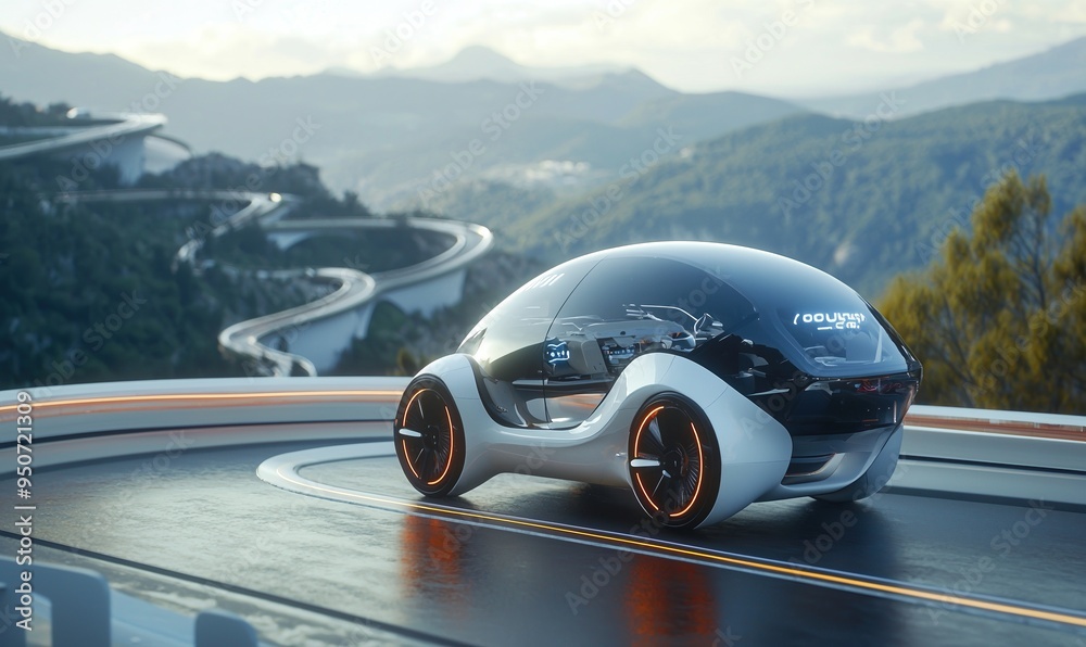 A zero-emission hydrogen fuel cell vehicle on a scenic road, clean transportation, 3D illustration