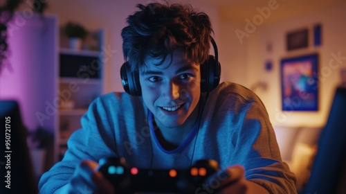 Young man enjoying an immersive gaming experience at home with headphones and controller under vibrant neon lights