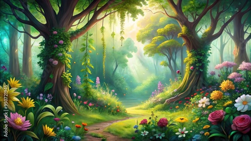Fototapeta Naklejka Na Ścianę i Meble -  Vibrant whimsical illustration of lush green forest with towering trees, colorful blooming flowers, and swirling vines set against a soft, creamy white background.