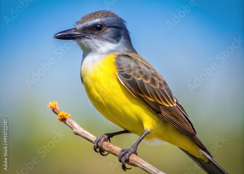 Vibrant yellow and gray Thick-billed Kingbird perches on a twig, its distinctive black mask and stout bill accentuating its large, expressive eyes, set against a bright sky. photo