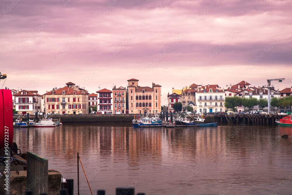 Town of Saint Jean de Luz in the Basque country in France, with boats in the port