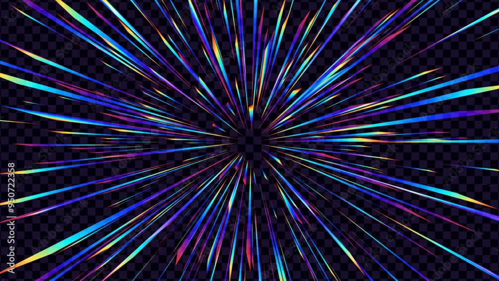 Abstract Rainbow Halo Rays on Transparent Background. Starburst or Sunburst with Rainbow Colors. Anime Burst Light Rays. Holographic Lens Flare Reflections Design Element. Vector Illustration. Abstract Rainbow Halo Rays on Transparent Background. Starburst or Sunburst with Rainbow Colors. Anime Burst Light Rays. Holographic Lens Flare Reflections Design Element. Vector Illustration.