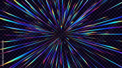 Abstract Rainbow Halo Rays on Transparent Background. Starburst or Sunburst with Rainbow Colors. Anime Burst Light Rays. Holographic Lens Flare Reflections Design Element. Vector Illustration.