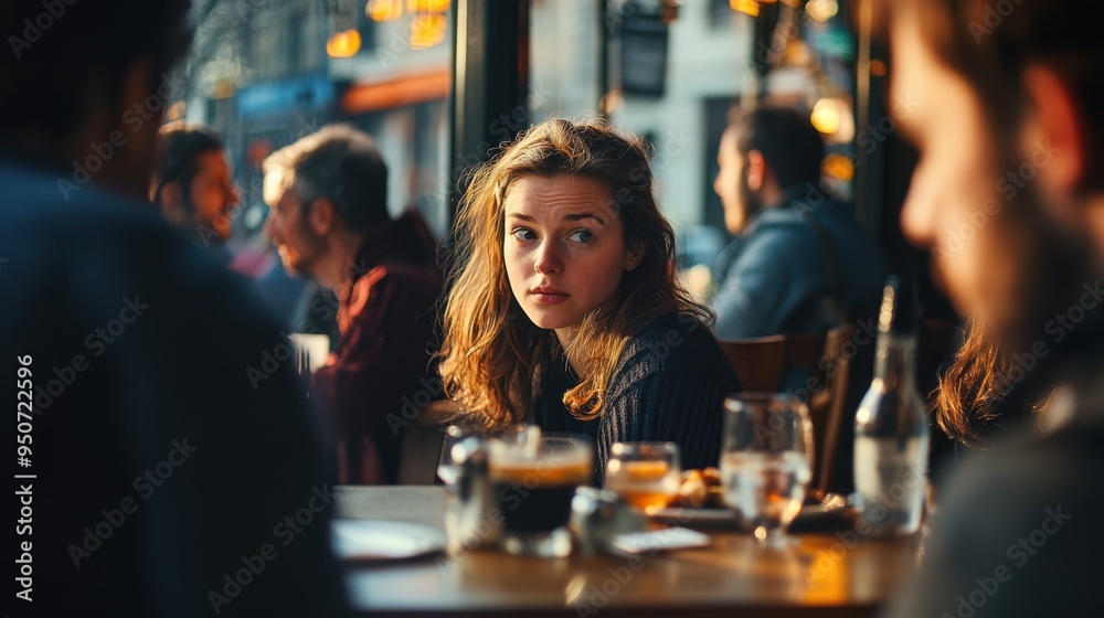 Young woman with thoughtful expression sitting in a bustling cafe, surrounded by people enjoying drinks and conversation in a warm and inviting atmosphere. Young woman with thoughtful expression sitting in a bustling cafe, surrounded by people enjoying drinks and conversation in a warm and inviting atmosphere.