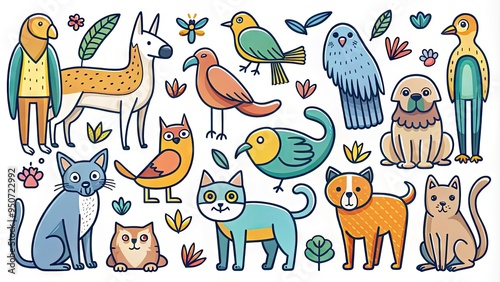 Wallpaper Mural Whimsical hand-drawn illustrations of various animals, including cats, dogs, and birds, presented in a minimalist outline style with bold lines and bright colors. Torontodigital.ca