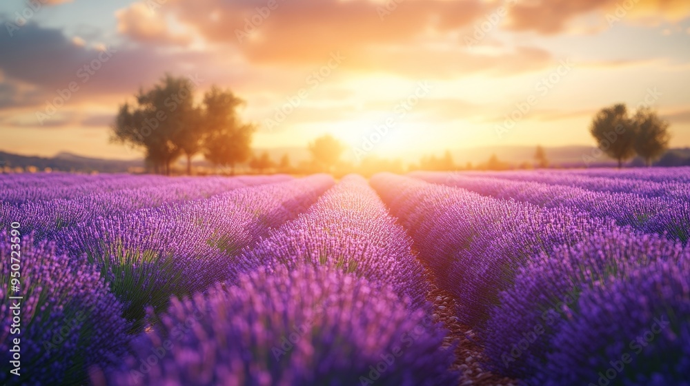 Sunset over a peaceful lavender field with golden light Sunset over a peaceful lavender field with golden light