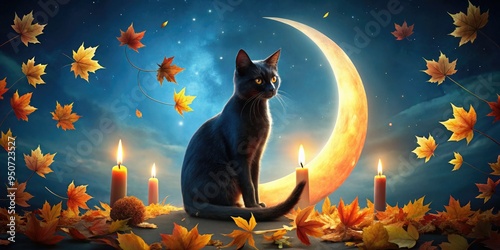 Whimsical illustration of a sleek black cat perched on a crescent moon, surrounded by swirling autumn leaves and eerie Halloween candlelight, set against a dark blue sky. photo