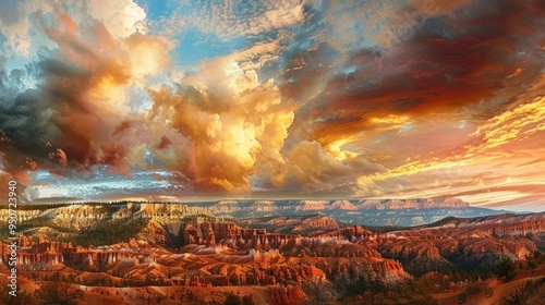 panoramic photo at sunrise, dramatic sky, epic, award winning photography. photo