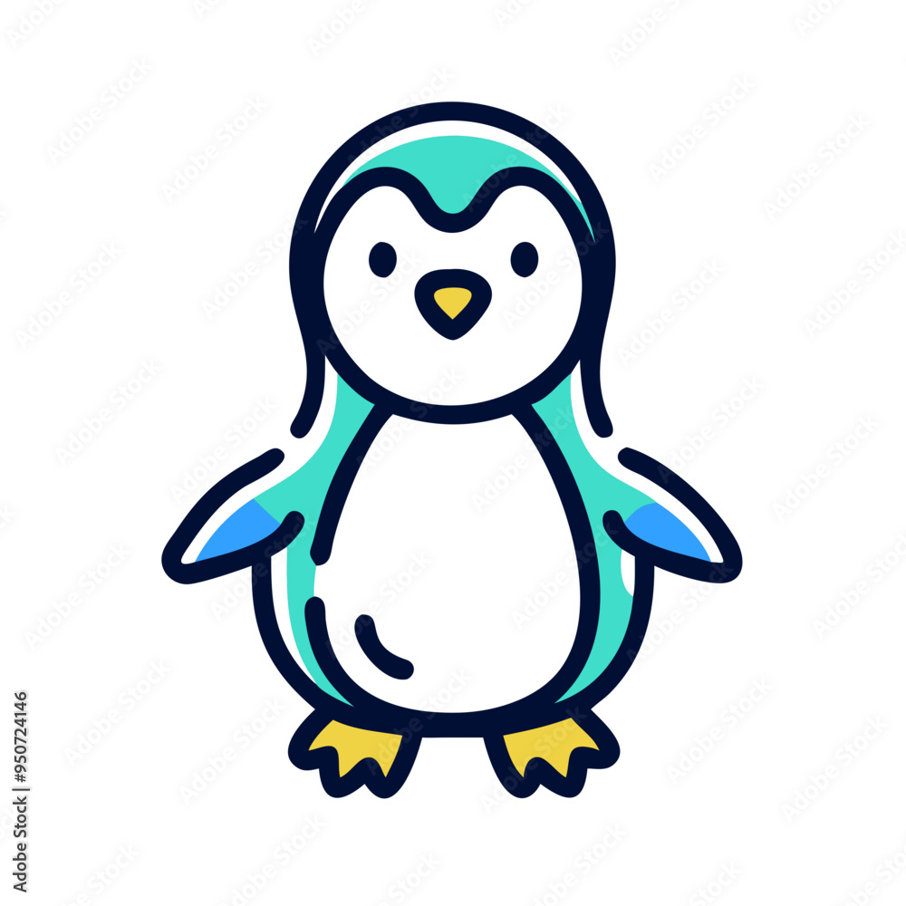 Obraz premium Cute cartoon penguin mascot in teal and white with copy space