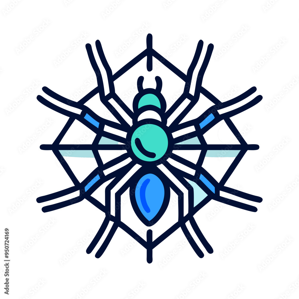 Intricate Spider Icon Resting On Detailed Web In Blue Tones On White Background Intricate Spider Icon Resting On Detailed Web In Blue Tones On White Background