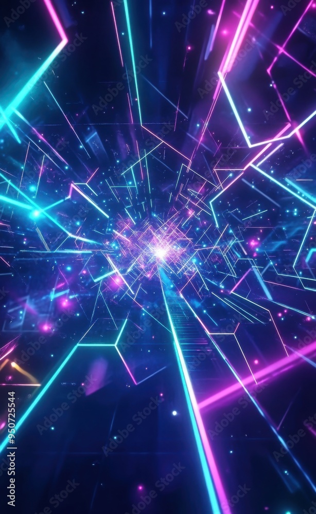 Obraz premium Futuristic abstract background with neon light beams and geometric shapes in a colorful digital landscape