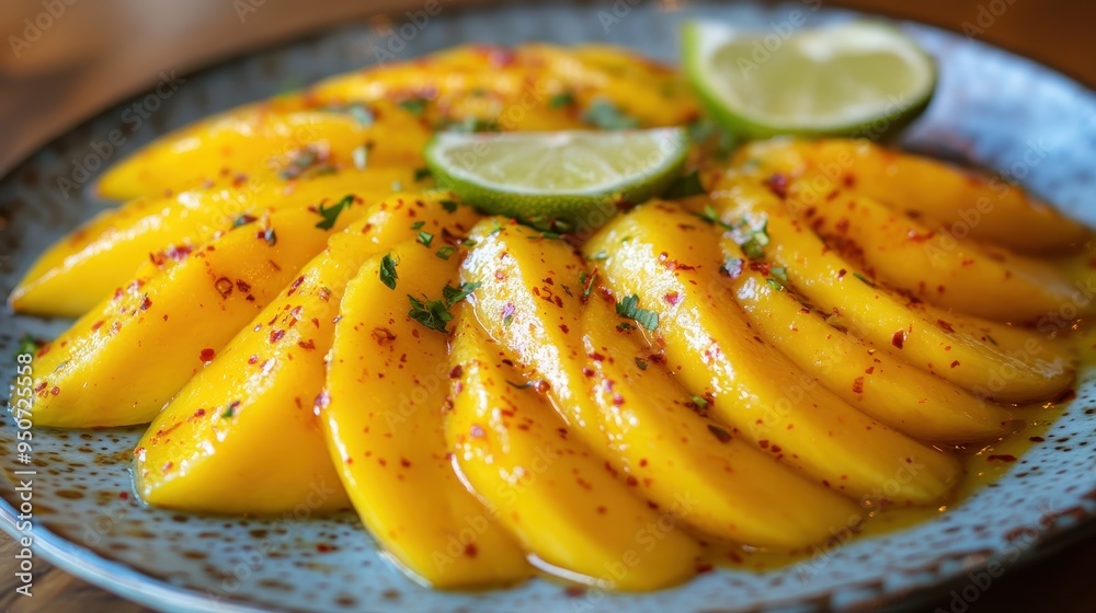 Spiced Mango Slices with Lime Wedges on Rustic Plate
