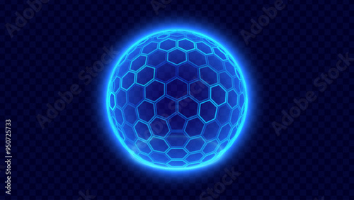 Geometric Dome Shield on a Dark Background. Futuristic Glowing Protection 3D Sphere. Technology Style HUD Design Element. Hexagon Force Field Shield. Vector Illustration. Digital Security Concept.