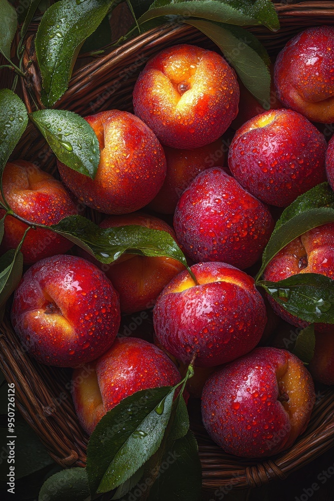 Freshly Picked Juicy and Ripe Peaches in a Woven Basket