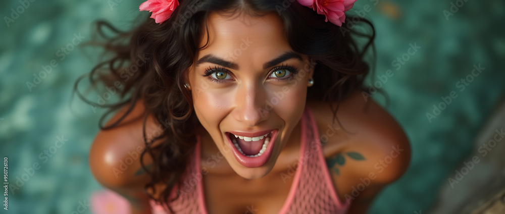 Obraz premium High-angle shot of an exotic woman smiling at the camera. Colorful background.