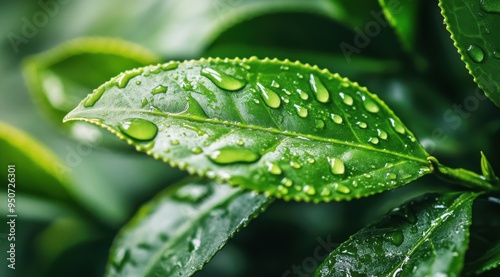 green tea leaves with water droplets