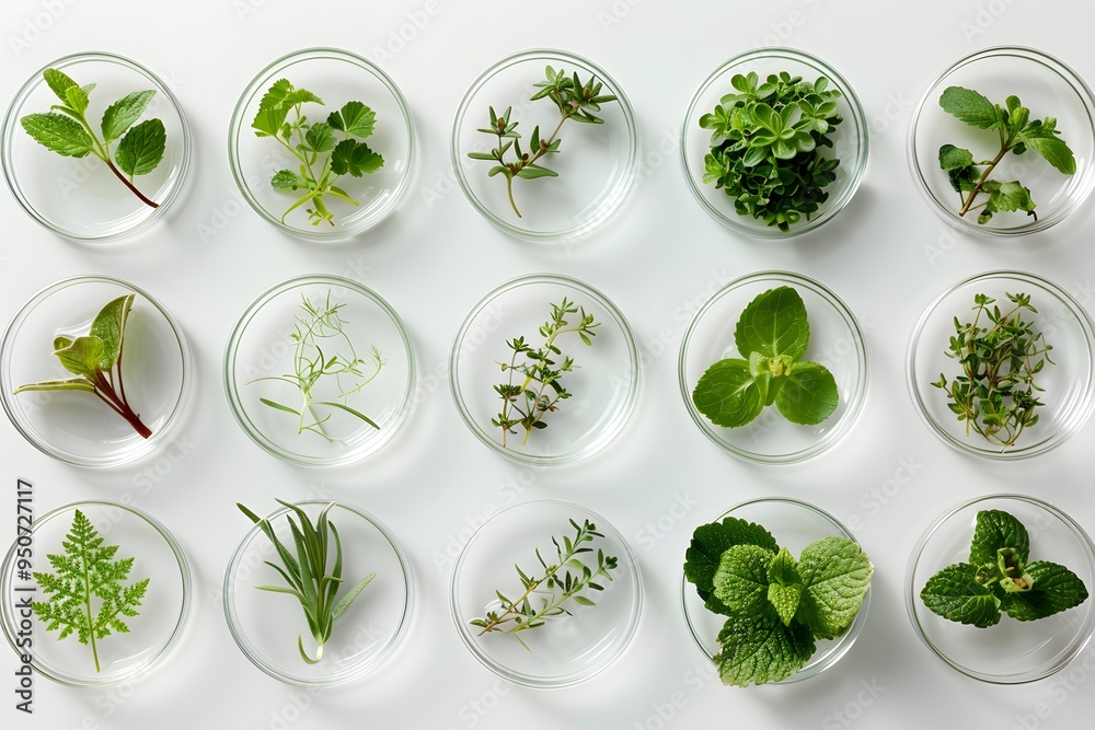 A Beautiful Array of Fresh Herbs in Glass Dishes A Beautiful Array of Fresh Herbs in Glass Dishes