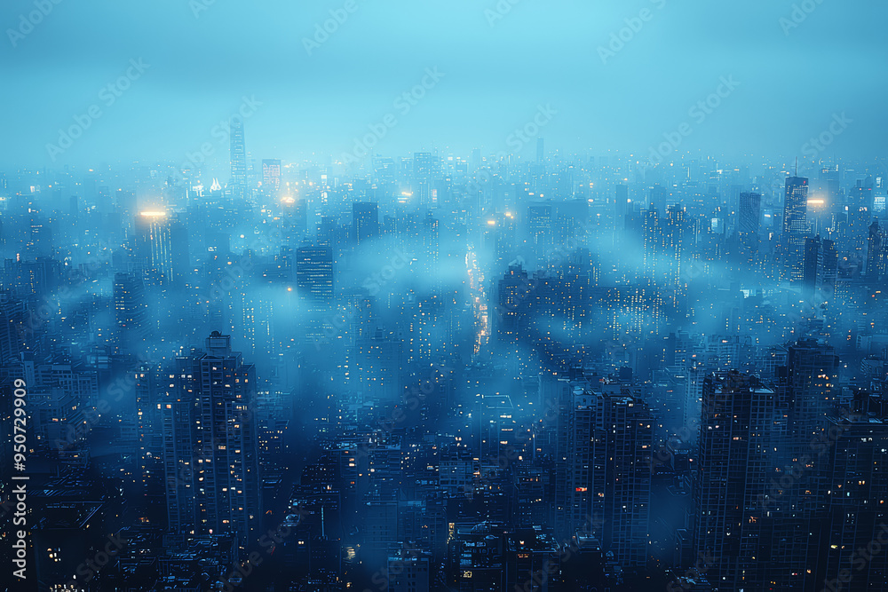 Obraz premium A dense fog enveloping a cityscape, symbolizing the increase in atmospheric pollutants and visibility reduction. Concept of air pollution and urban environment.