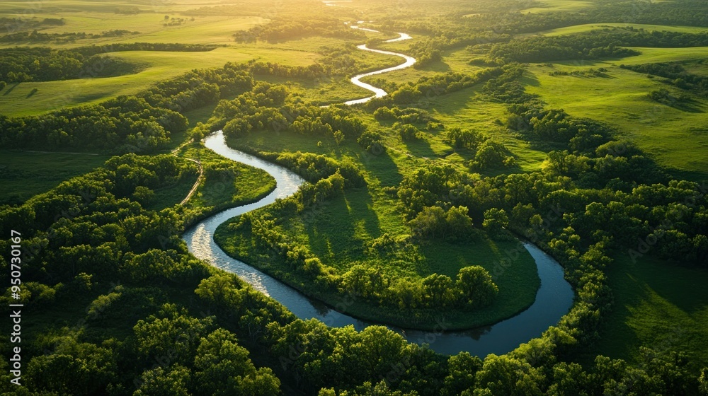 Aerial View of a Winding River Through Lush Green Fields and Forests Aerial View of a Winding River Through Lush Green Fields and Forests